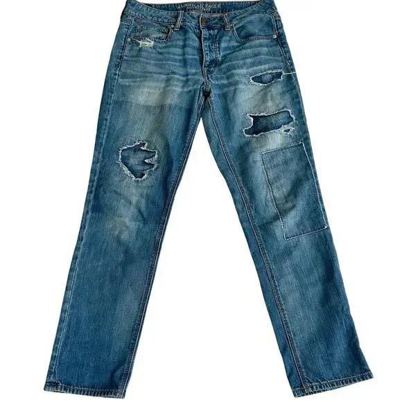 American Eagle Tomgirl Distressed Patchwork Straight leg Jeans grunge skater 6 - Picture 1 of 14